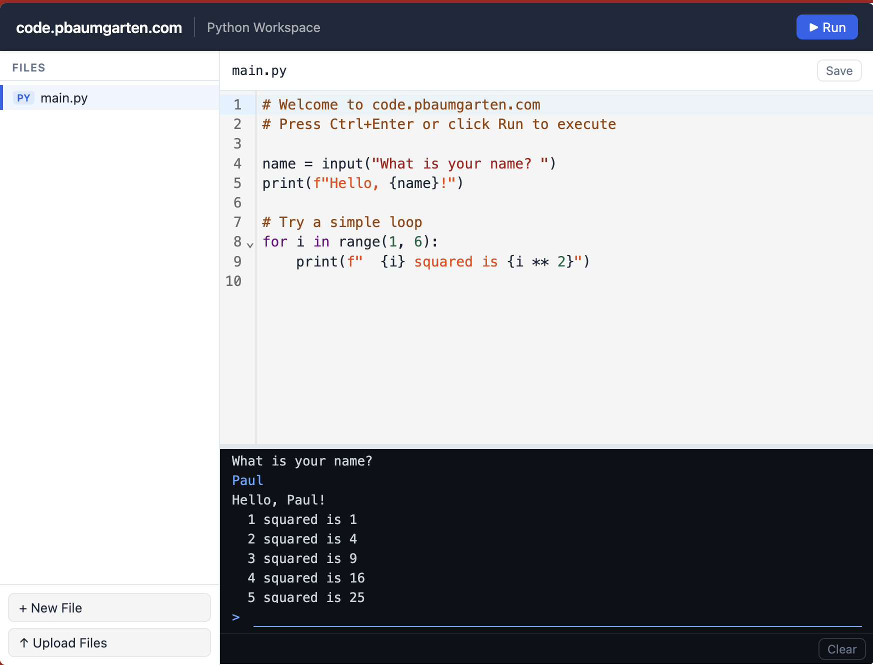 Python code editor showing a simple interactive program with console output