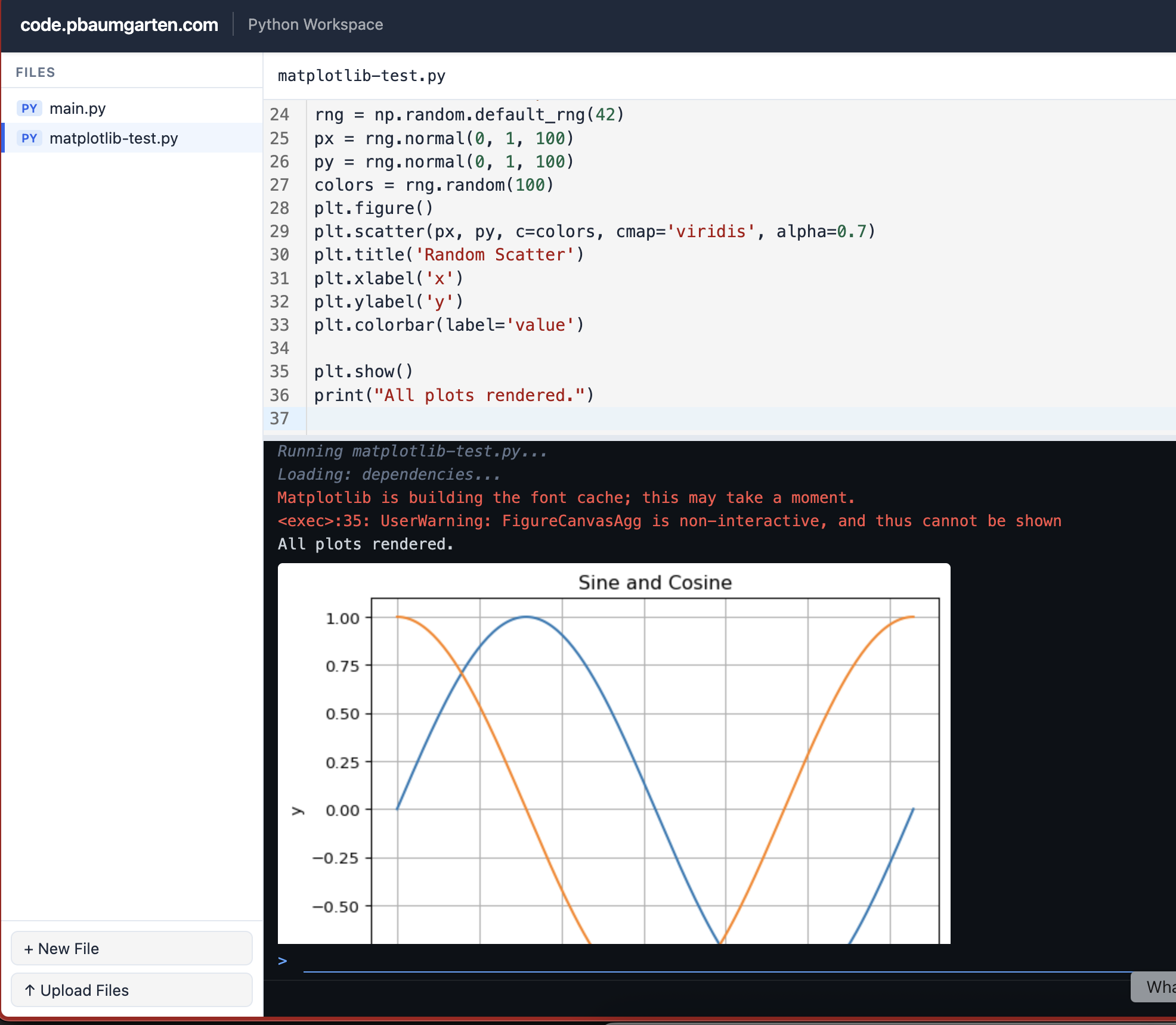 Code editor showing matplotlib code with a rendered sine and cosine plot