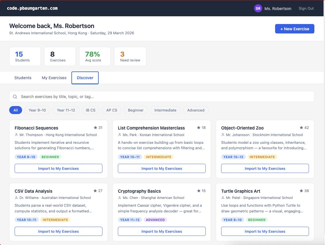 Teacher dashboard Discover tab showing a grid of community-shared exercises with import buttons