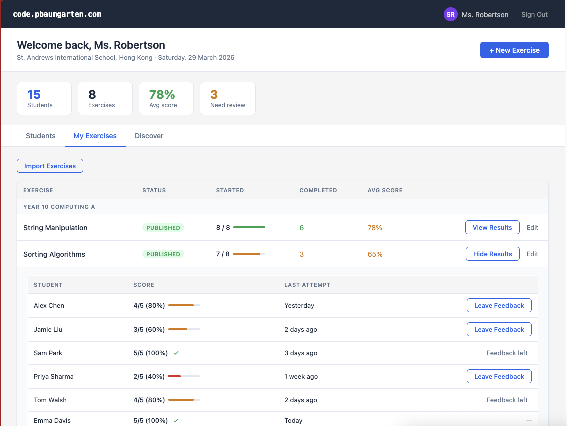Teacher dashboard Exercises tab with per-student results expanded showing scores and feedback buttons